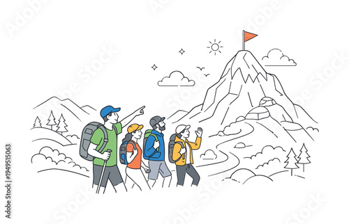 A healthy outdoor lifestyle scenario where people hike together along natural trails while discovering landscapes and enjoying physical activity in the mountains, visual metaphor