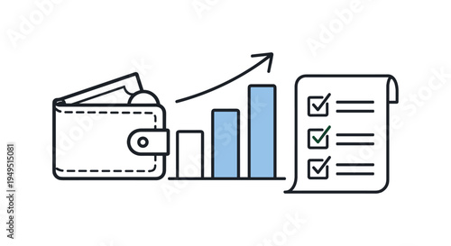Personal finance monitoring and mindful expense tracking for everyday budgeting habits, a wallet placed beside a small bar chart and a checklist forming a clear visual metaphor for