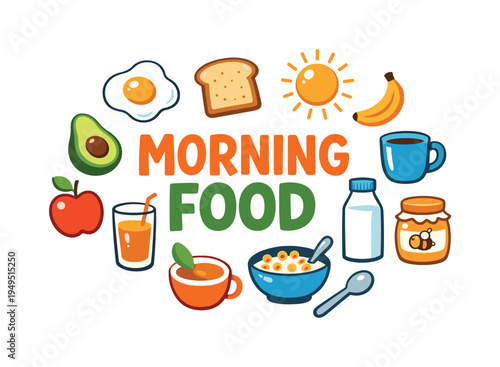 Healthy fresh breakfast ingredients concept focused on simple nutritious foods that provide morning energy and support balanced daily nutrition habits. MORNING FOOD central title