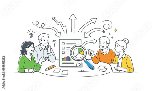 A business strategy planning scene where professionals explore different directions and evaluate possible solutions during a collaborative discussion, illustrated through a visual