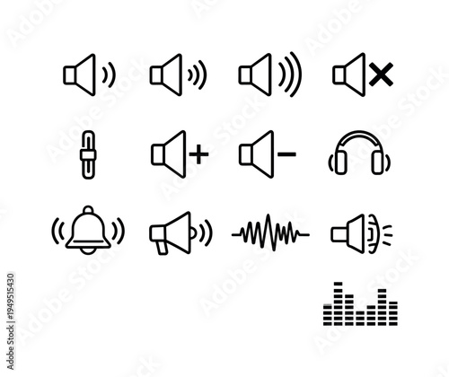 Sound level indicators: speaker with small wave, speaker with medium wave, speaker with large waves, mute speaker with cross, volume slider knob, speaker with plus sign, speaker