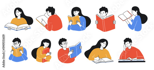 Set of young people reading books. Library literary readings or learning, education. Vector illustration. Student life, knowledge.