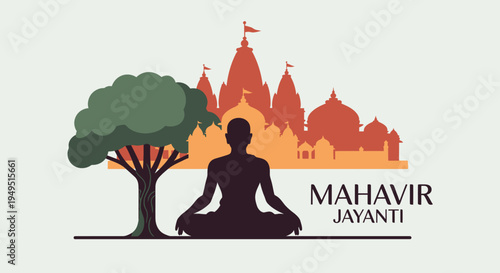 Mahavir Jayanti: Meditating figure, ancient temple silhouette, and tree, symbolizing peace and spirituality