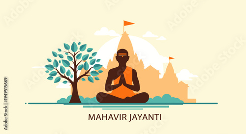 Mahavir Jayanti: Monk Meditating in Lotus Pose Before Mountain Temple, Spiritual India