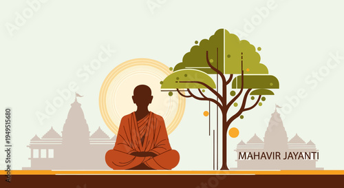 Mahavir Jayanti: Monk Meditating Under Tree Near Temple, Spiritual Enlightenment