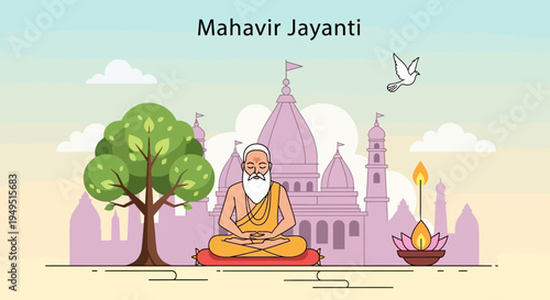 Mahavir Jayanti: Monk meditating near temple, tree, and lamp, symbolizing peace and spirituality.