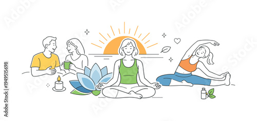 A mindful wellness moment where a woman practices meditation and gentle yoga to restore balance and mental clarity during a calm daily self care routine, visual metaphor of a