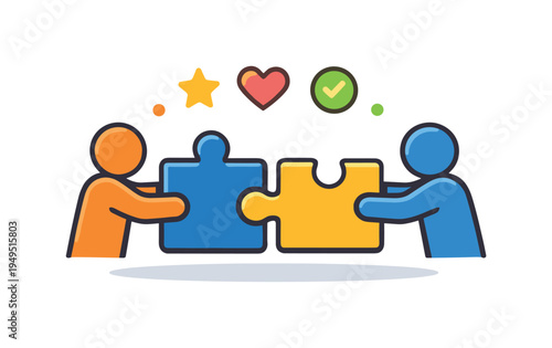 Organizational teamwork and partnership focused on building stronger outcomes through connected efforts, two simplified people icons joining puzzle pieces together forming a clear