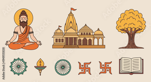 Hinduism Symbols: Monk, Temple, Tree, Dharma Wheel, Lamp, Swastika, Book