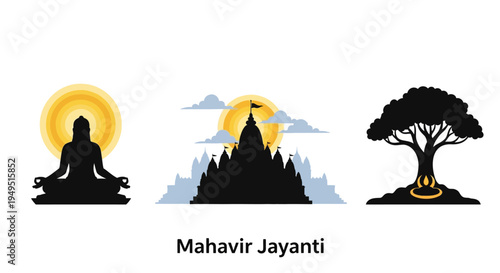 Mahavir Jayanti: Buddha Meditation, Temple, and Sacred Tree Iconography