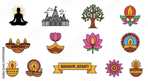 Mahavir Jayanti Icons: Yoga, Temple, Tree, Lotus, Diyas, Flower, Banner