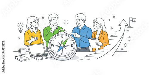 Business team aligning company strategy during a collaborative planning session, several professionals gathered around a large compass placed beside a laptop while a clear upward