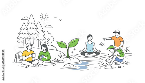 A calm outdoor recreation scenario where people spend time in a quiet woodland setting enjoying fresh air and natural surroundings during a simple nature retreat, visual metaphor