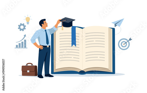 A professional developing new skills to support long-term career growth and adaptability, visual metaphor of a motivated person standing beside a large open book while placing a