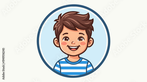 Smiling Young Boy Avatar with Brown Hair and Striped Shirt.