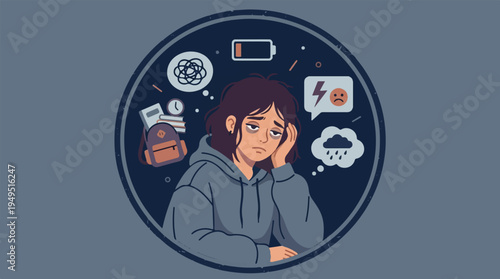 Young woman experiencing burnout and mental exhaustion.