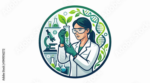 Female scientist in lab coat holding a test tube with a plant sprout.