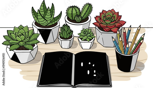Collection of potted succulents and cacti with an open book and colored pencils.