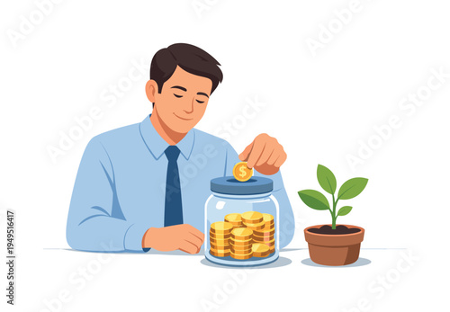 A professional building long-term financial stability through consistent saving and responsible money habits, visual metaphor of a calm person placing a coin into a simple savings