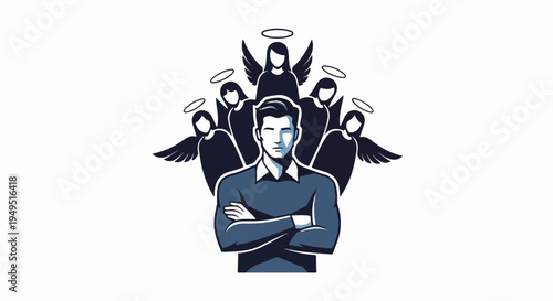 Confident Man Surrounded by Guardian Angels Illustration.