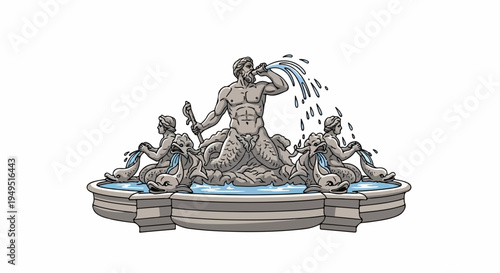 Detailed Illustration of a Classical Fountain with Sculptures.