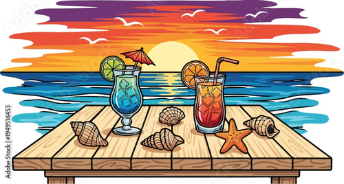 Tropical cocktails and seashells on a wooden table perfect for a beach vacation theme.