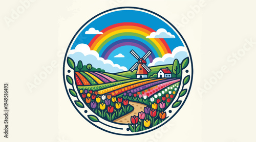 Vibrant Tulip Fields with Windmill and Rainbow in Circular Frame.