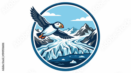 Puffin flying over a glacial landscape.