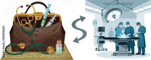 Medical Evolution From Doctors Bag to Modern Operating Room.