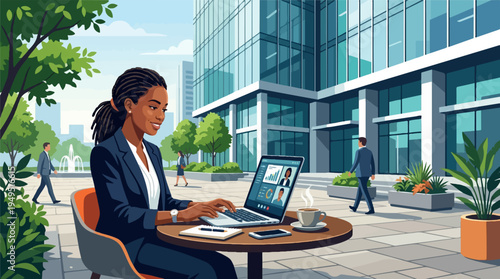 Professional woman working outdoors on laptop focused and productive.