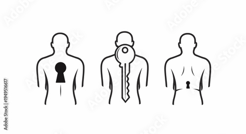 Three figures with key and keyhole representing unlocking potential and selfdiscovery.