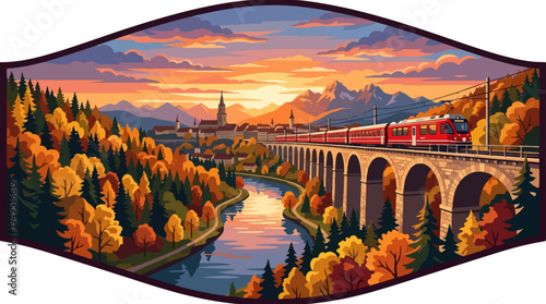 Red train crossing a stone bridge over a river at sunset 1.