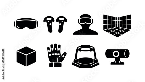 Virtual reality gaming: VR headset visor, motion controller pair, player silhouette with headset, VR room boundary grid, virtual cube object, haptic glove, VR treadmill platform