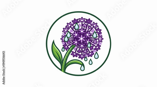 Vibrant Purple Allium Flower with Dew Drops in a Circular Frame.