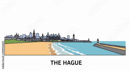 The Hague Netherlands city skyline with beach and lighthouse.
