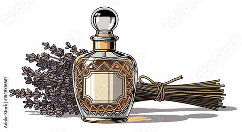 Elegant Perfume Bottle with Lavender and Aromatic Sticks.
