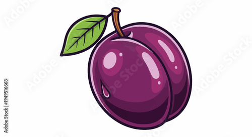 Vibrant purple plum with a green leaf fresh and juicy fruit illustration.