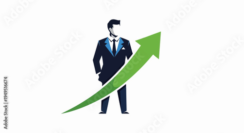 Businessman with upward arrow symbolizing growth and success.