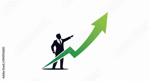 Businessman pointing at a rising green arrow symbolizing growth.