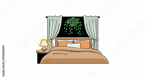 Cozy bedroom interior with comfortable bed and elegant curtains.