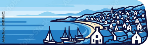 Coastal village with sailboats in a bay illustration.