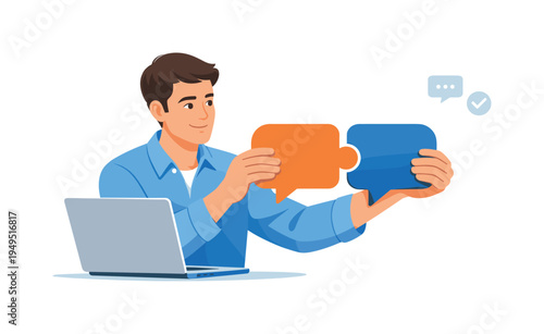 A remote professional maintaining clear and supportive communication while collaborating with colleagues online, visual metaphor of a person sitting beside an open laptop while