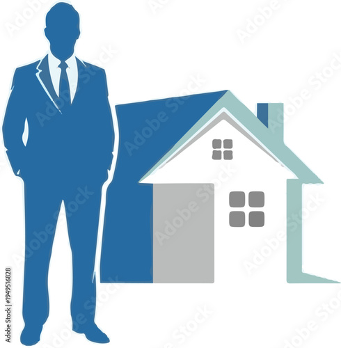 Professional man standing next to a house representing real estate or home ownership.