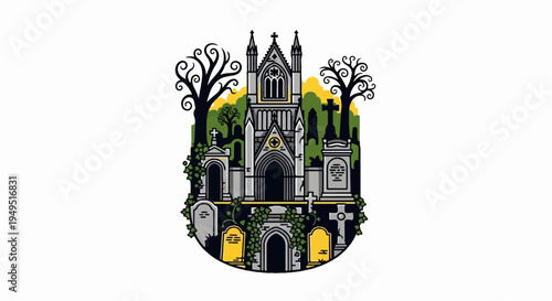 Gothic Mausoleum and Graveyard Illustration with Spooky Trees and Tombstones.