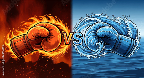 Fiery red boxing glove versus watery blue boxing glove confrontation.