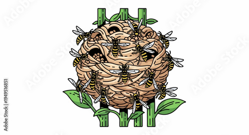 Detailed illustration of a bustling wasp nest attached to green bamboo stalks.