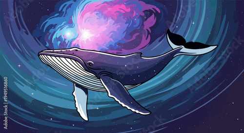 Majestic blue whale swimming gracefully in a cosmic ocean.