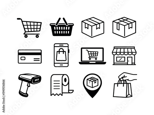 E-commerce and online shopping: shopping cart, shopping basket, cardboard delivery box, parcel with tape, credit card payment, smartphone with shopping bag, laptop with shopping