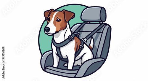 Jack Russell Terrier dog safely secured in car seat with harness.