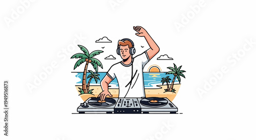 Male DJ mixing music on turntables with headphones.